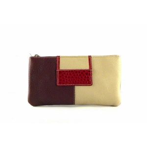 Monedero - neceser de piel con cremallera para bolso beis y burdeos