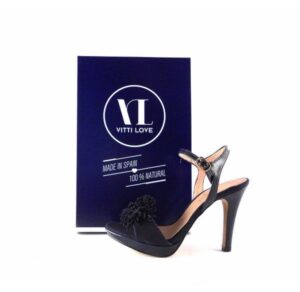 Sandalias pompones Vitti Love en piel color azul marino con pulsera al tobillo