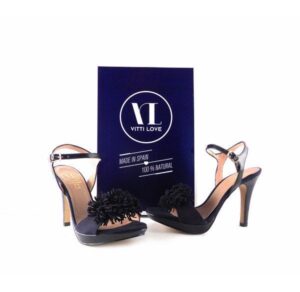 Sandalias pompones Vitti Love en piel color azul marino con pulsera al tobillo