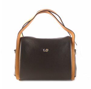 Bolso de mano dos asas de PIEL AUTÉNTICA marrón combinado