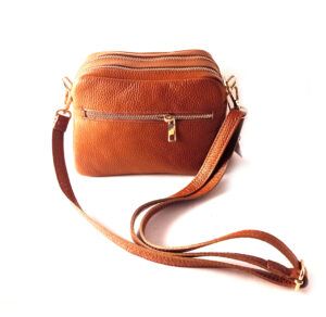 Bolso bandolera LB doble cremallera de piel legítima color cuero