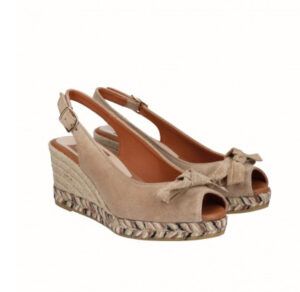 Alpargatas VIGUERA de cuña de yute esparto en piel de serraje camel