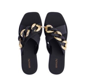 Chanclas para mujer AMICHI negro con detalle cadena oro